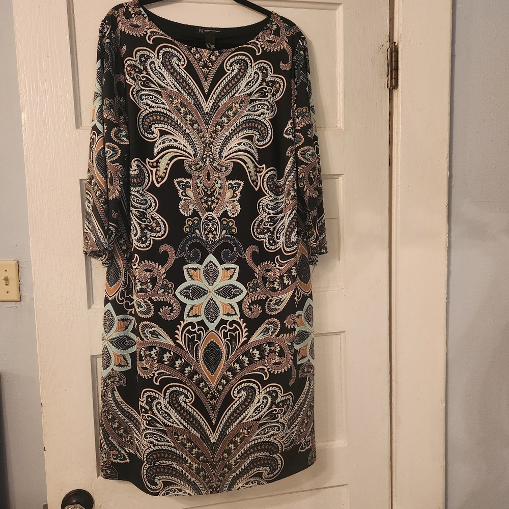 INC Midi Dress, Black, Blue, Tan, Long Sleeve, Paisley Print Size 1X Stretch EUC